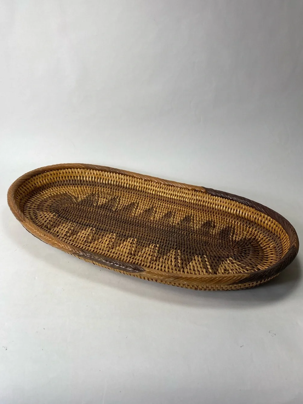 Artisan Two-Tone Hand-Woven Oval Oblong Geometric Pattern Rattan Basket Tray